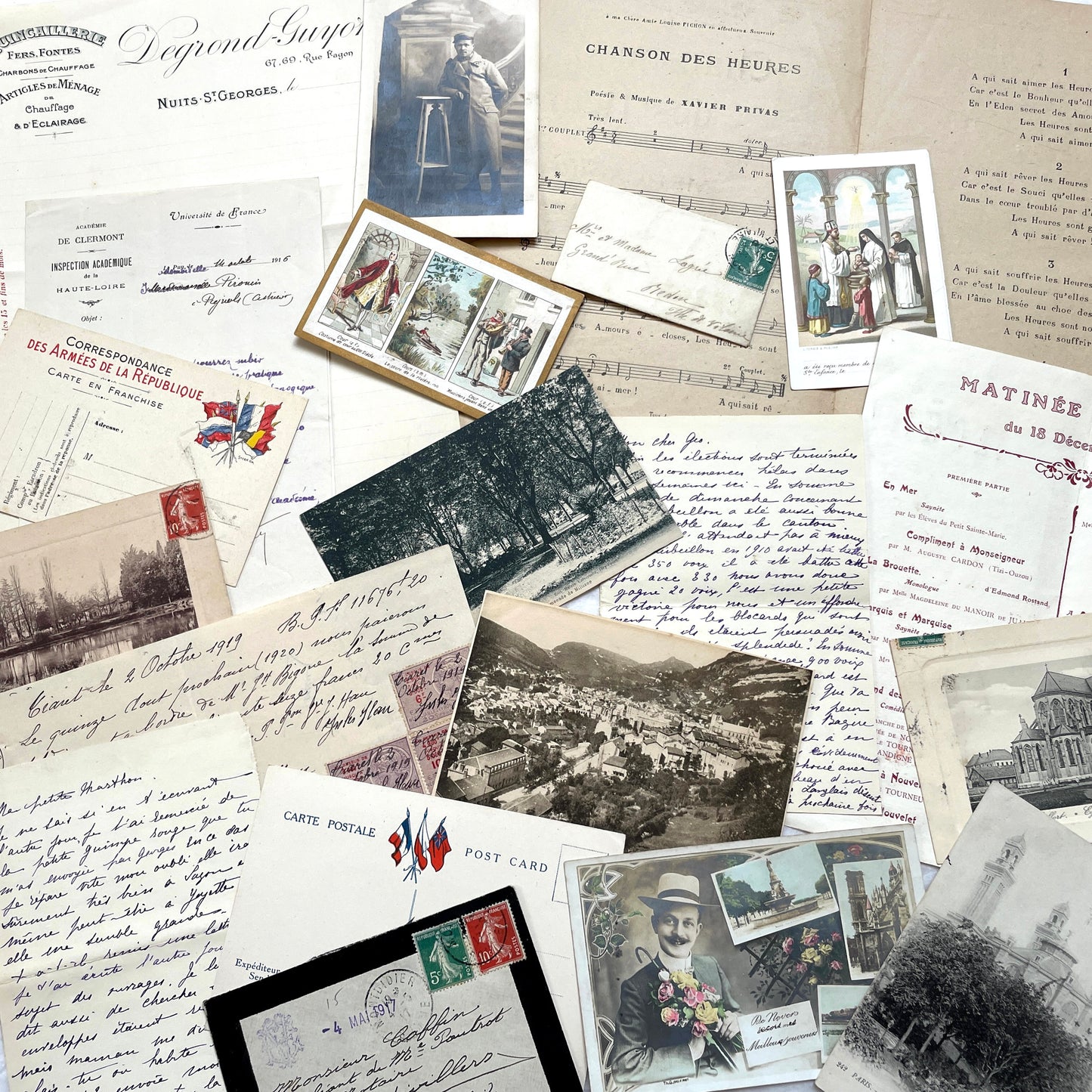 Lot of 20 French historical documents from the 1910s WWI era, including handwritten letters, postcards, and military correspo