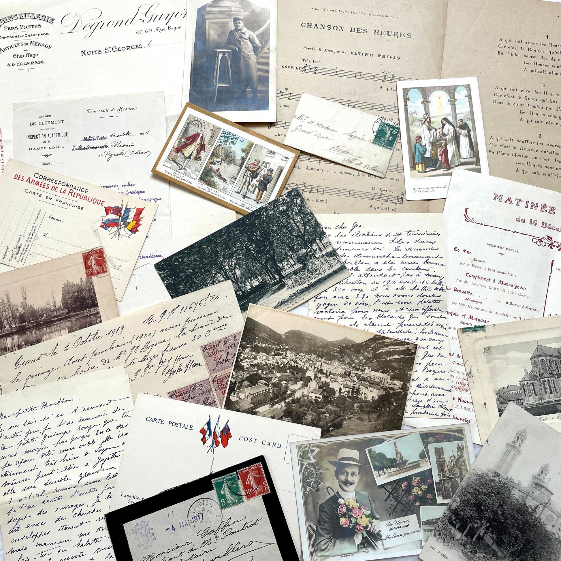 Lot of 20 French historical documents from the 1910s WWI era, including handwritten letters, postcards, and military correspo
