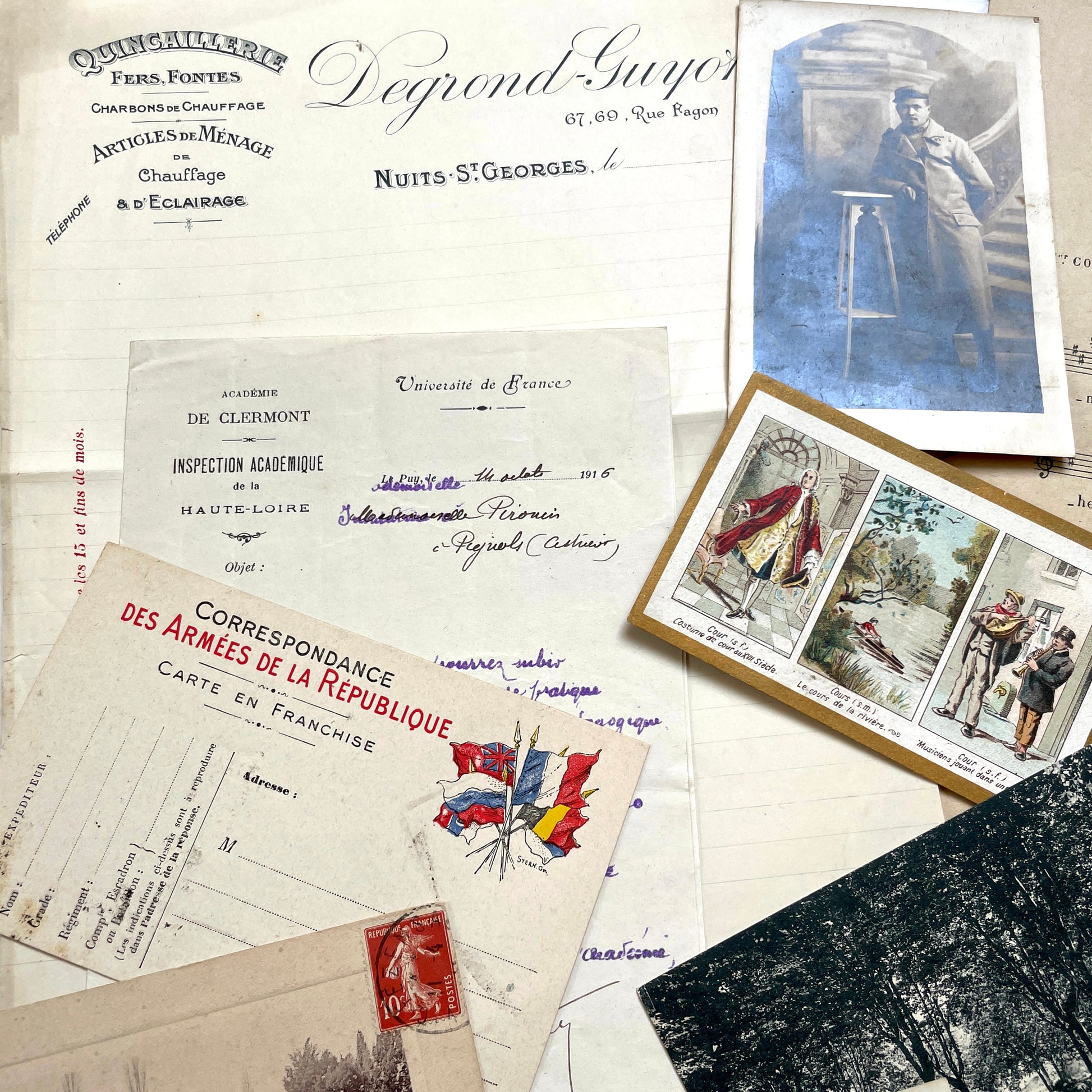 Lot of 20 French historical documents from the 1910s WWI era, including handwritten letters, postcards, and military correspo