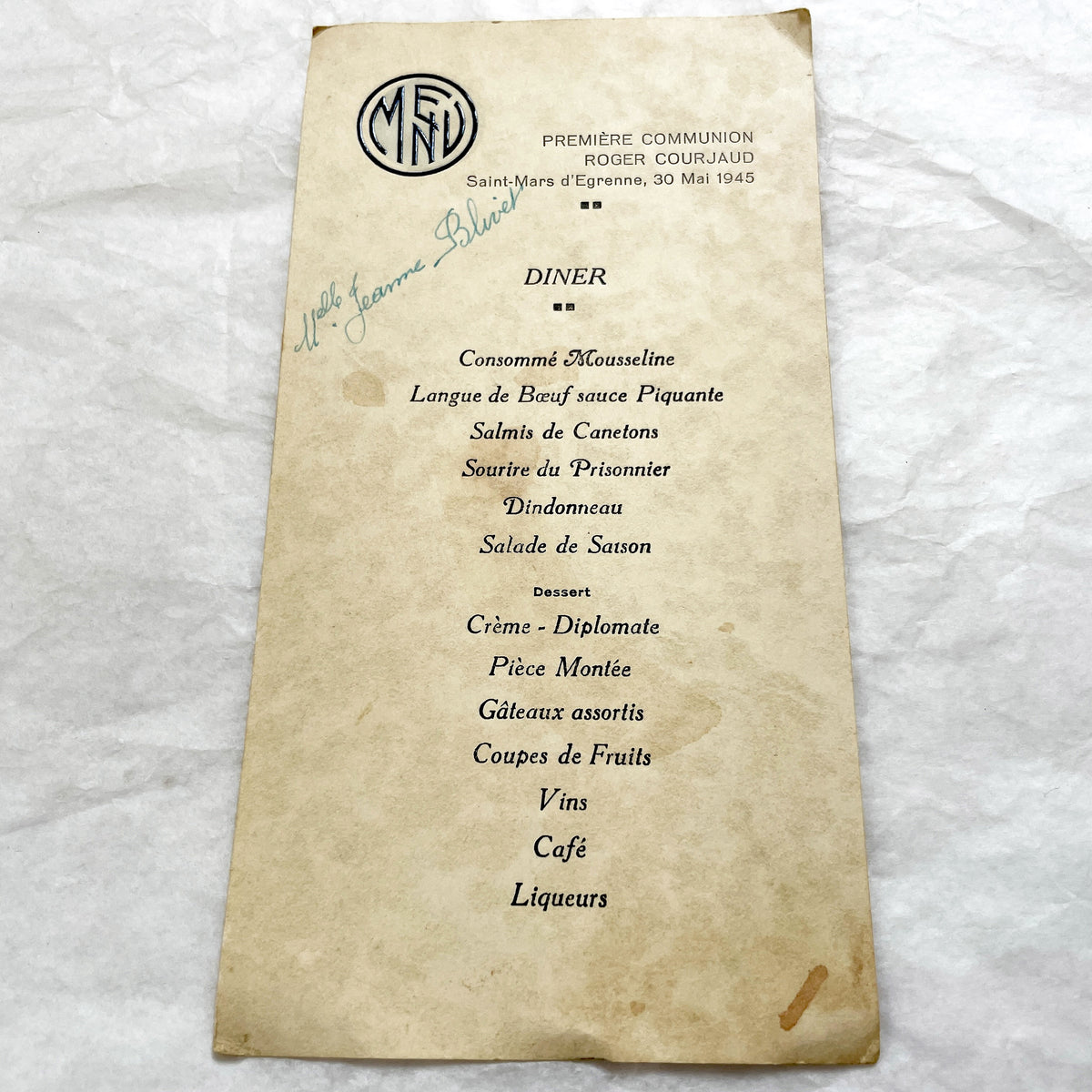 1940s - Vintage French First Communion Menu Set - Post-WWII Historical Event Ephemera - Dining Experience Memorabilia