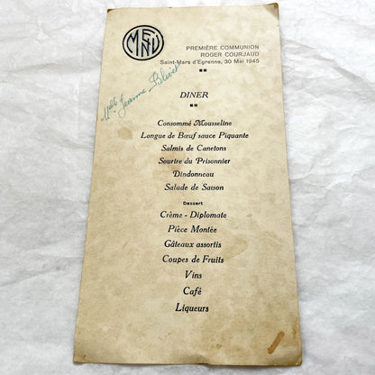 1940s - Vintage French First Communion Menu Set - Post-WWII Historical Event Ephemera - Dining Experience Memorabilia