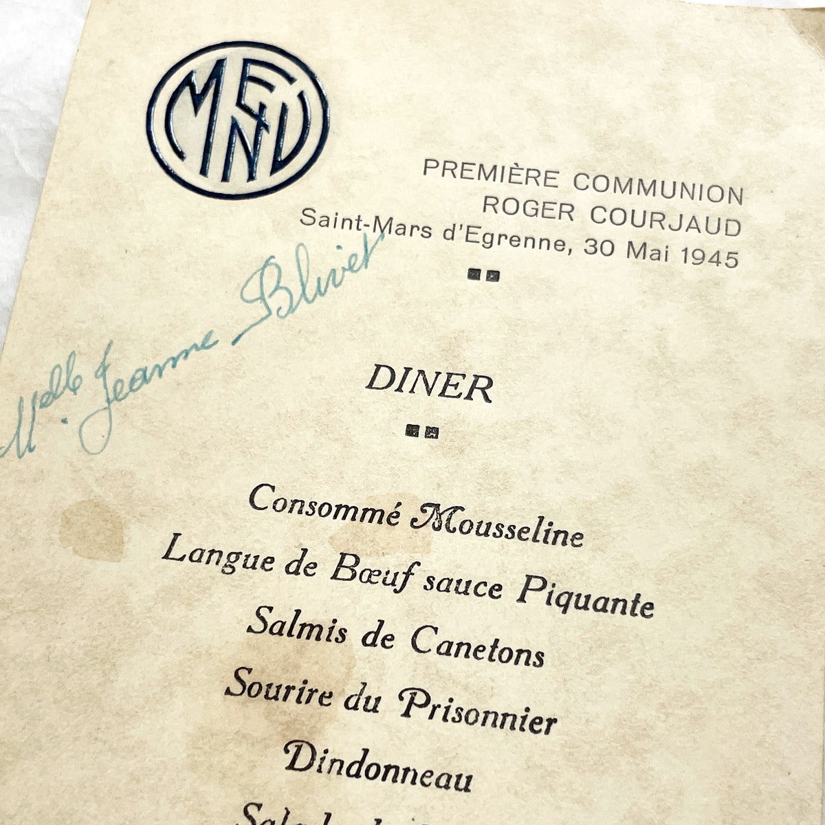 1940s - Vintage French First Communion Menu Set - Post-WWII Historical Event Ephemera - Dining Experience Memorabilia