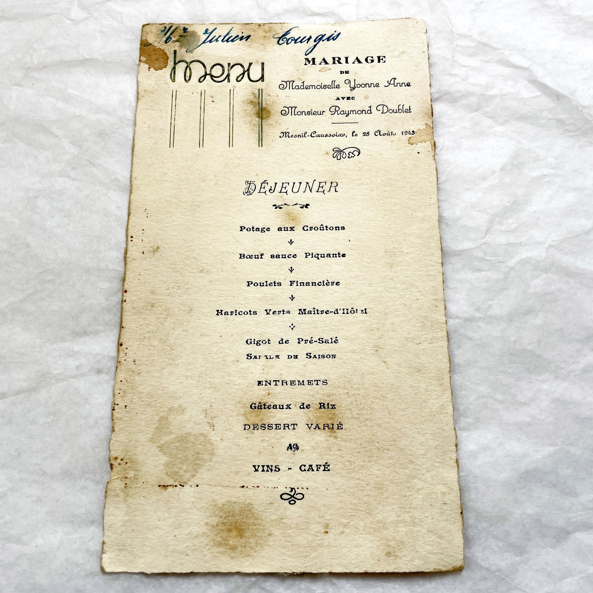 1940s - Historic French Wedding Menu 1943 - World War II Era Culinary Document - Occupied France - Two Antique Dinner Programs
