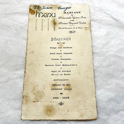 1940s - Historic French Wedding Menu 1943 - World War II Era Culinary Document - Occupied France - Two Antique Dinner Programs