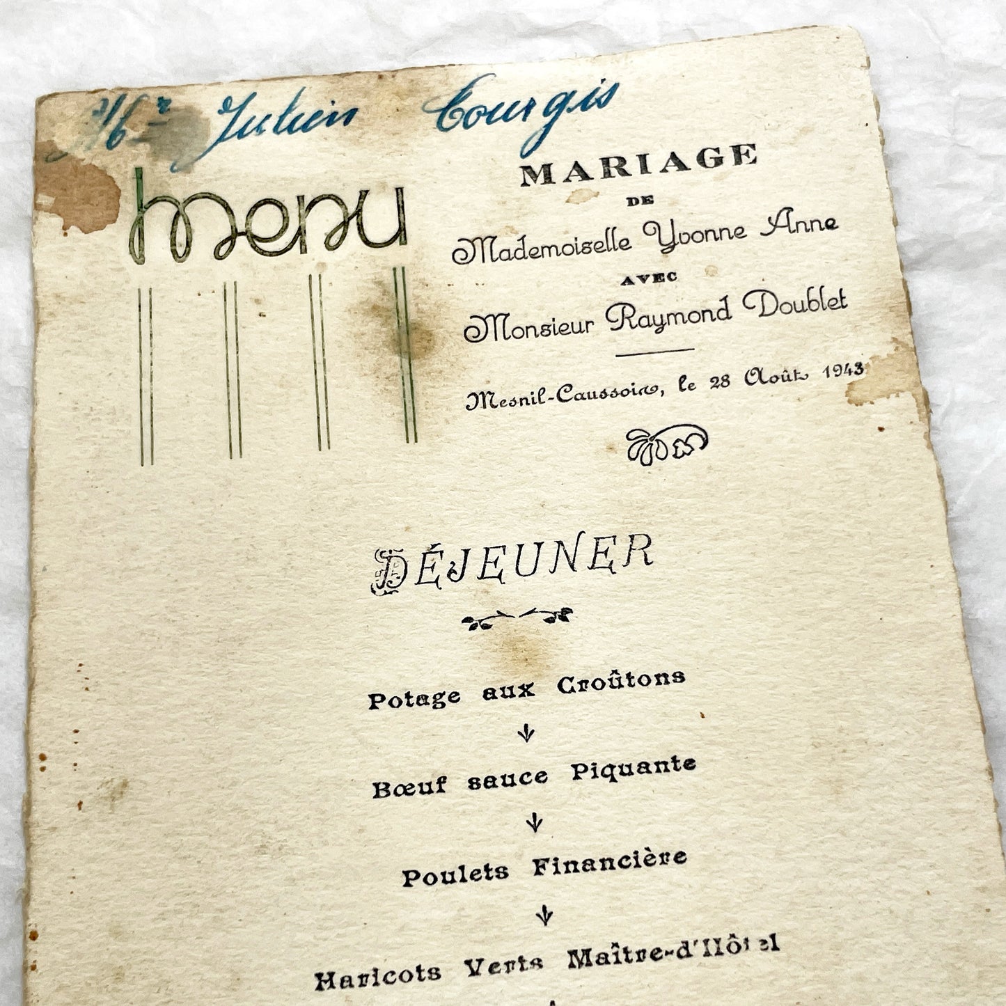 1940s - Historic French Wedding Menu 1943 - World War II Era Culinary Document - Occupied France - Two Antique Dinner Programs