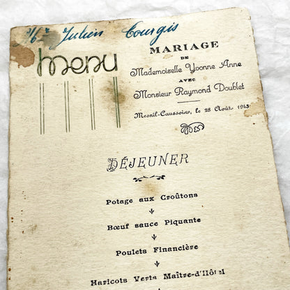1940s - Historic French Wedding Menu 1943 - World War II Era Culinary Document - Occupied France - Two Antique Dinner Programs