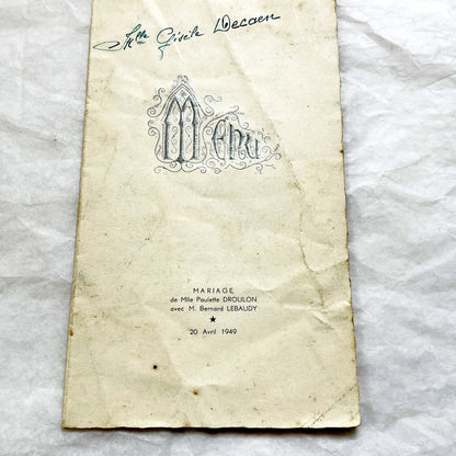 1940s - Vintage French Wedding Menus - Post War Culinary History - Authentic Ephemera - Collectible Dinner Luncheon Cards