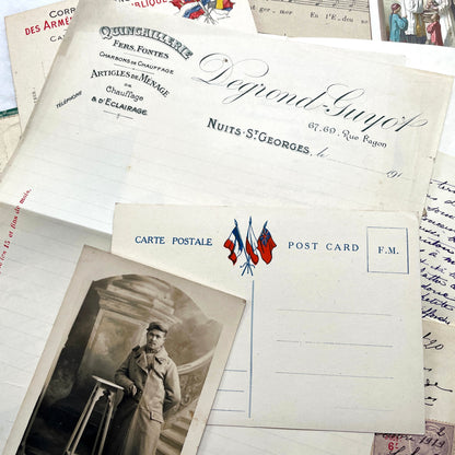 Lot of 20 French historical documents from the 1910s WWI era, including handwritten letters, postcards, and military correspo