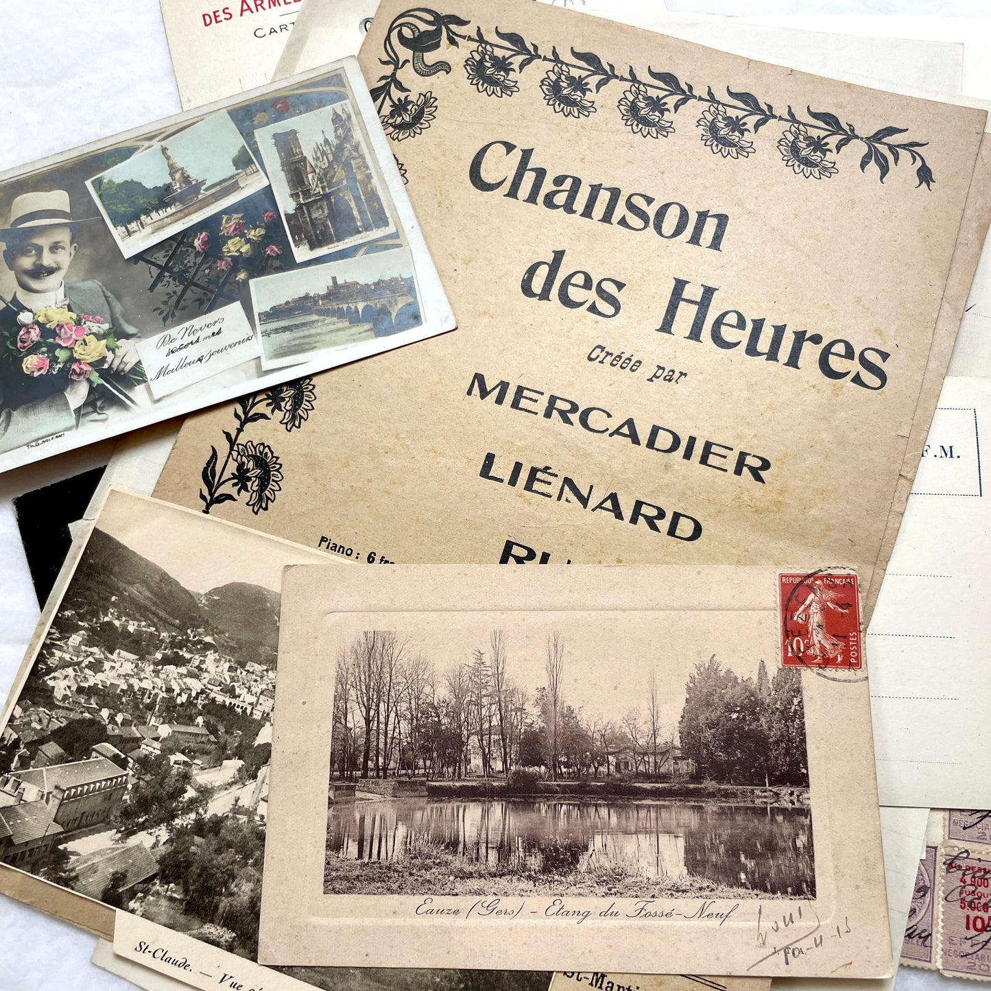 Lot of 20 French historical documents from the 1910s WWI era, including handwritten letters, postcards, and military correspo