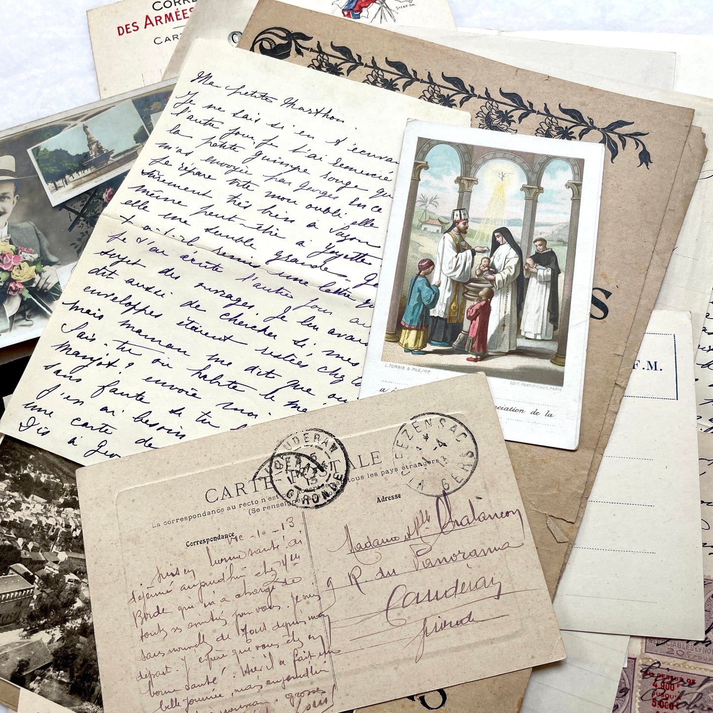 Lot of 20 French historical documents from the 1910s WWI era, including handwritten letters, postcards, and military correspo