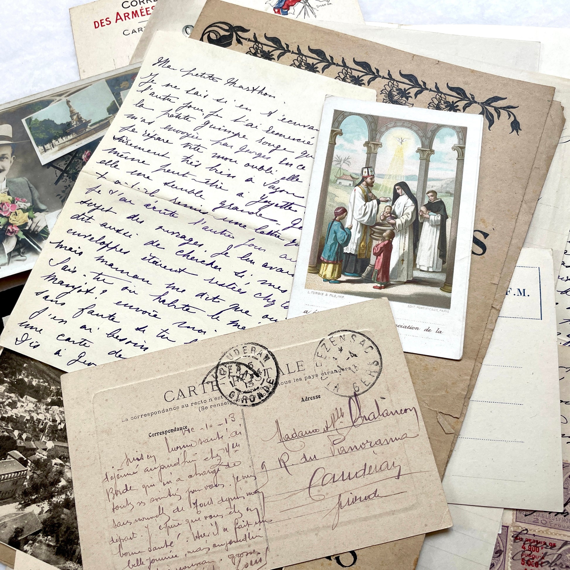 Lot of 20 French historical documents from the 1910s WWI era, including handwritten letters, postcards, and military correspo