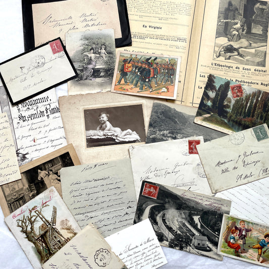 1910s Vintage French Ephemera Lot featuring handwritten letters, postcards, baby photo, and old documents.