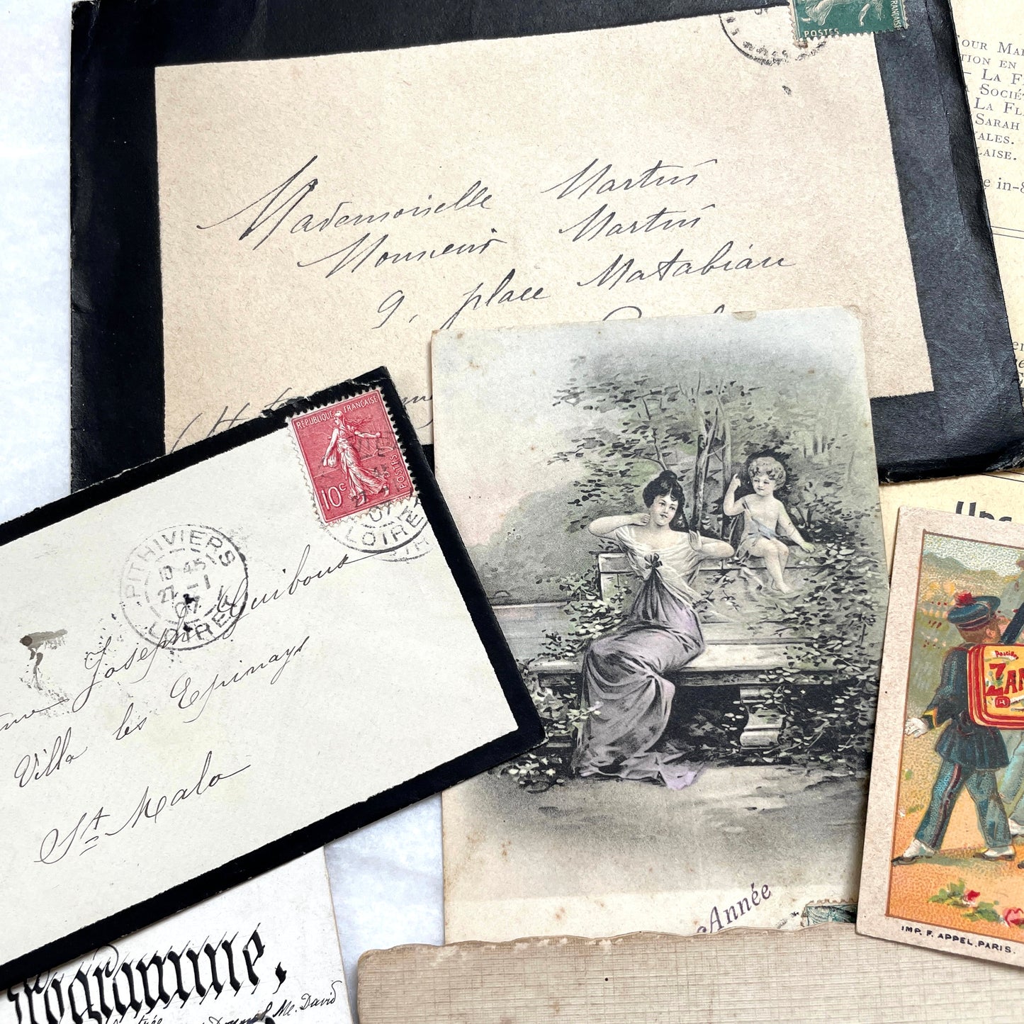 1910s Vintage French Ephemera Lot featuring handwritten letters, postcards, baby photo, and old documents.