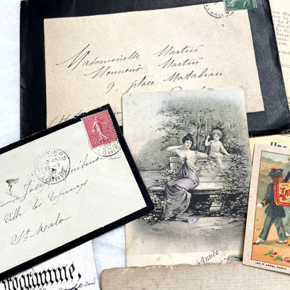 1910s Vintage French Ephemera Lot featuring handwritten letters, postcards, baby photo, and old documents.