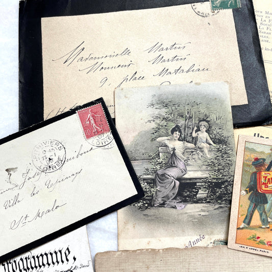 1910s Vintage French Ephemera Lot featuring handwritten letters, postcards, baby photo, and old documents.