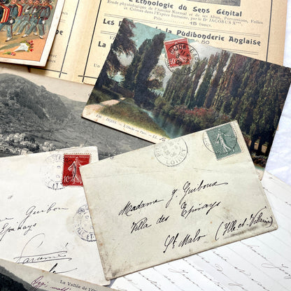 1910s Vintage French Ephemera Lot featuring handwritten letters, postcards, baby photo, and old documents.