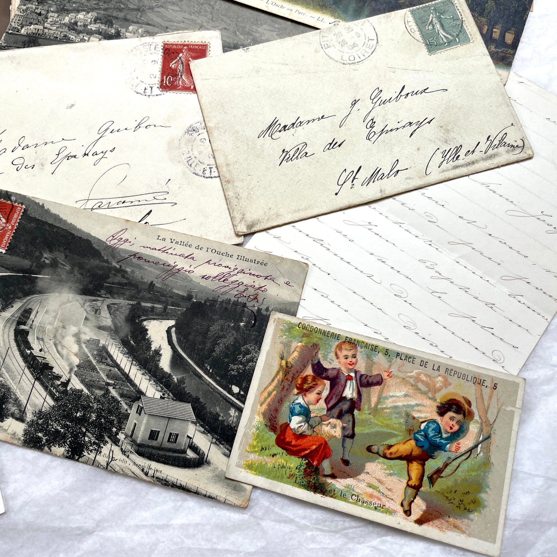 1910s Vintage French Ephemera Lot featuring handwritten letters, postcards, baby photo, and old documents.