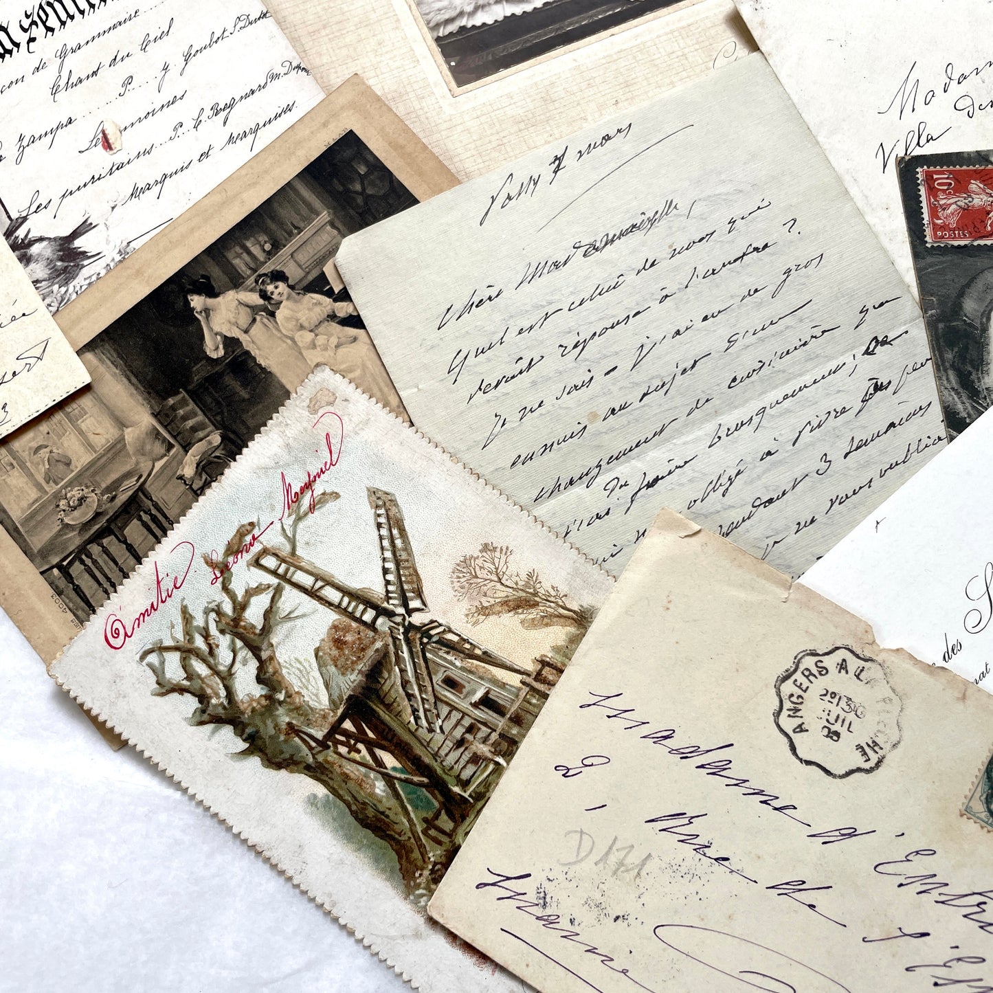 1910s Vintage French Ephemera Lot featuring handwritten letters, postcards, baby photo, and old documents.