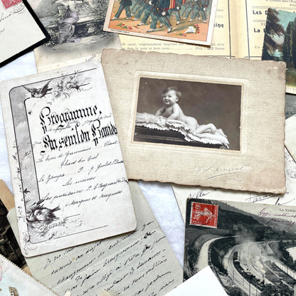1910s Vintage French Ephemera Lot featuring handwritten letters, postcards, baby photo, and old documents.