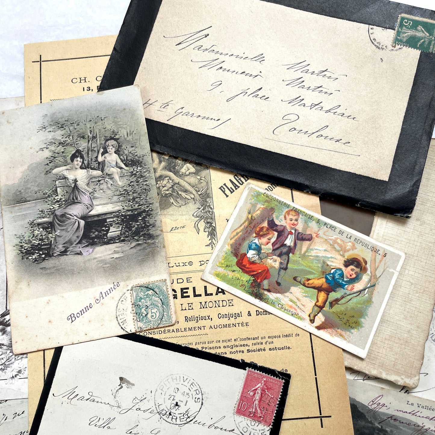 1910s Vintage French Ephemera Lot featuring handwritten letters, postcards, baby photo, and old documents.