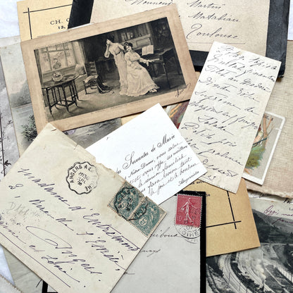 1910s Vintage French Ephemera Lot featuring handwritten letters, postcards, baby photo, and old documents.