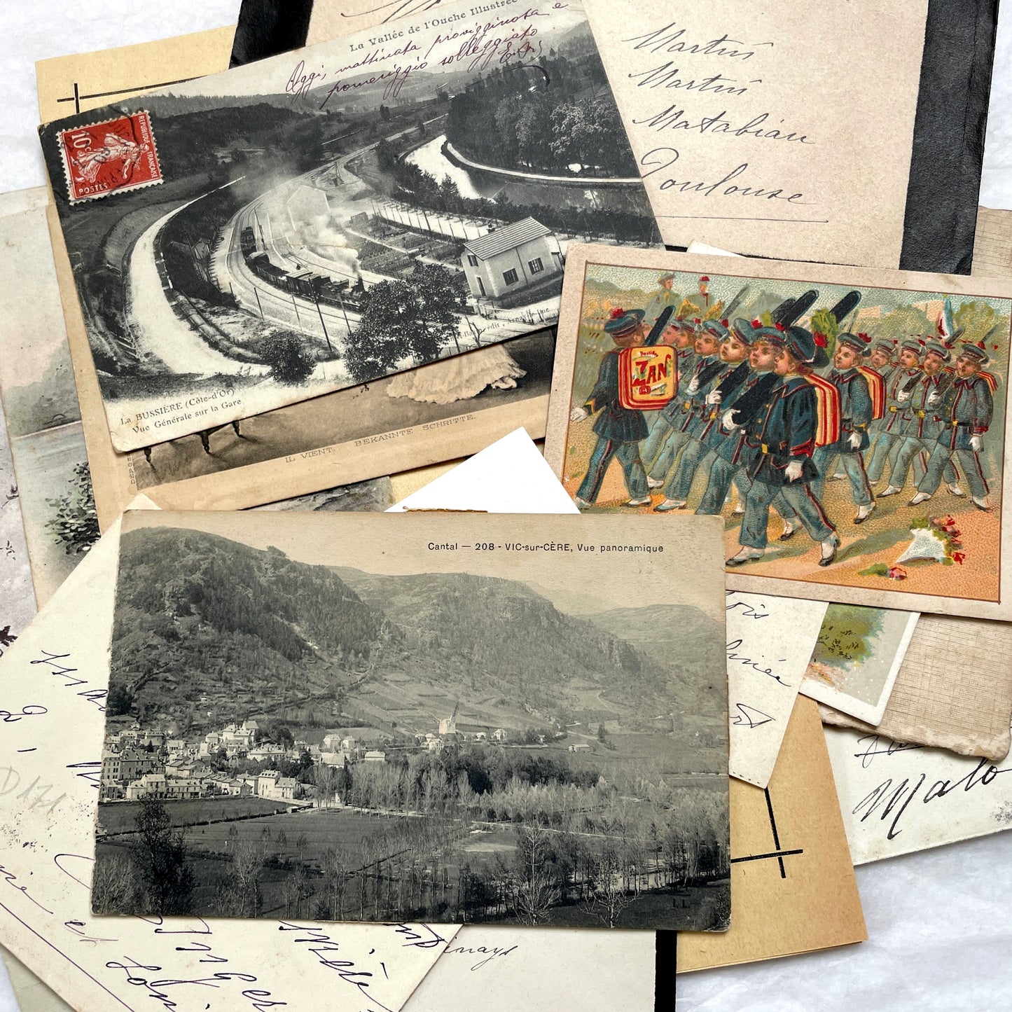1910s Vintage French Ephemera Lot featuring handwritten letters, postcards, baby photo, and old documents.