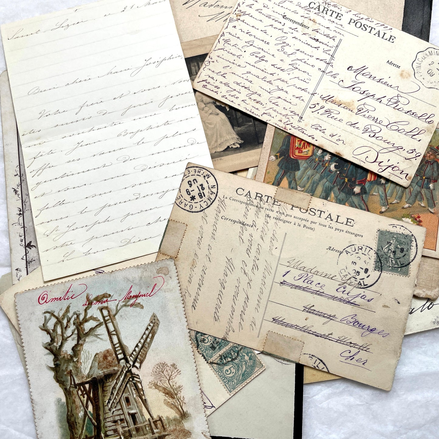 1910s Vintage French Ephemera Lot featuring handwritten letters, postcards, baby photo, and old documents.