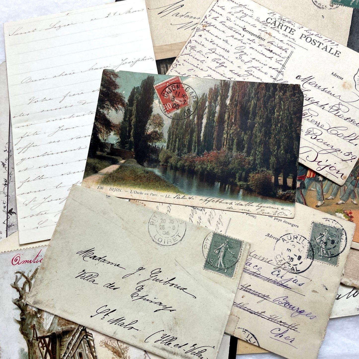 1910s Vintage French Ephemera Lot featuring handwritten letters, postcards, baby photo, and old documents.