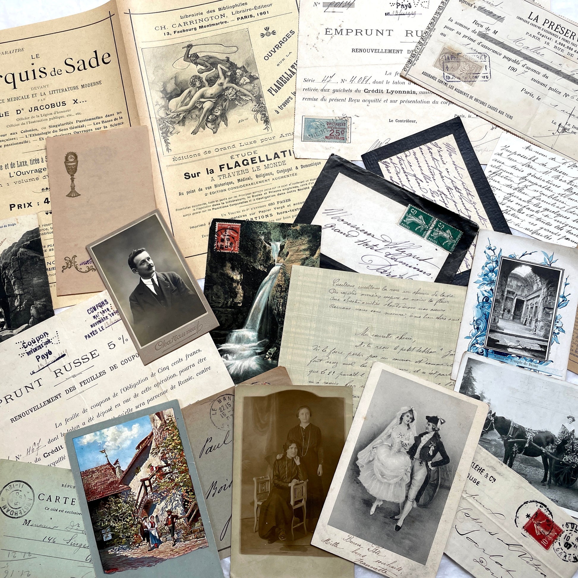 1900s Lot of 20 Vintage French Documents & Ephemera featuring letters, postcards, photos, and historical papers.