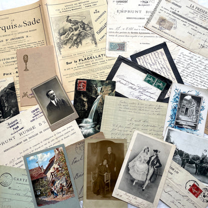1900s Lot of 20 Vintage French Documents & Ephemera featuring letters, postcards, photos, and historical papers.