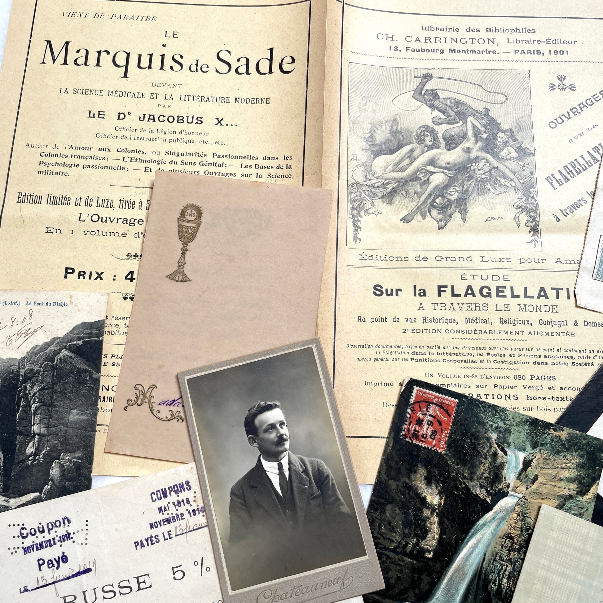 1900s Lot of 20 Vintage French Documents & Ephemera featuring letters, postcards, photos, and historical papers.