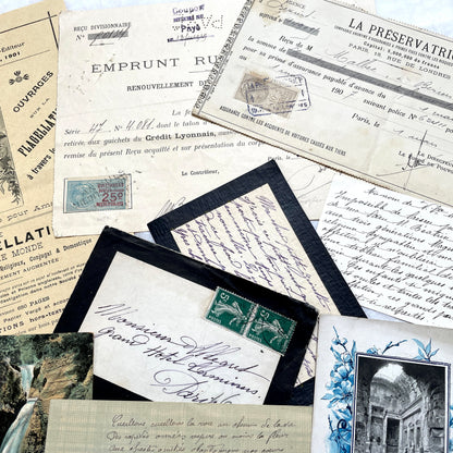 1900s Lot of 20 Vintage French Documents & Ephemera featuring letters, postcards, photos, and historical papers.
