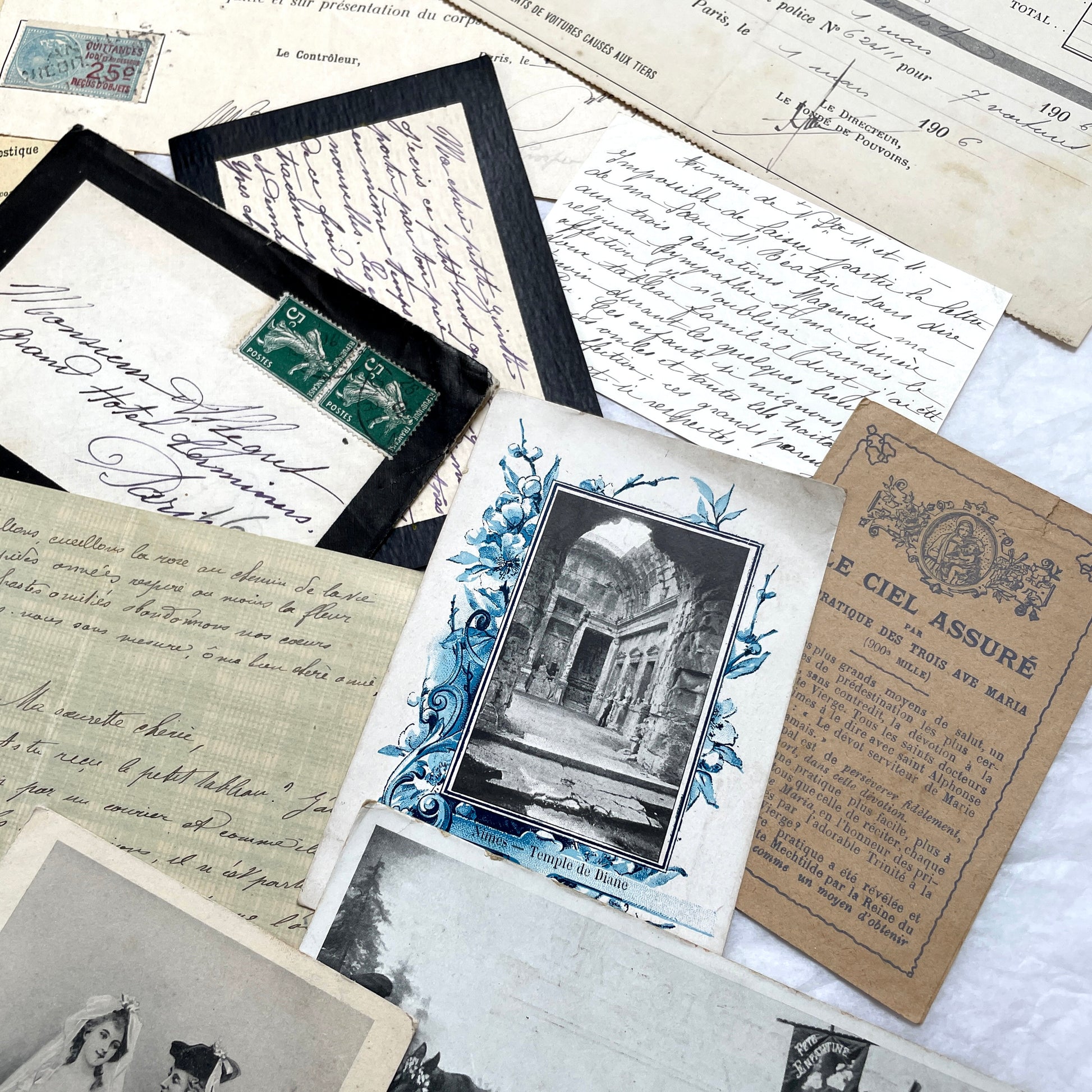 1900s Lot of 20 Vintage French Documents & Ephemera featuring letters, postcards, photos, and historical papers.