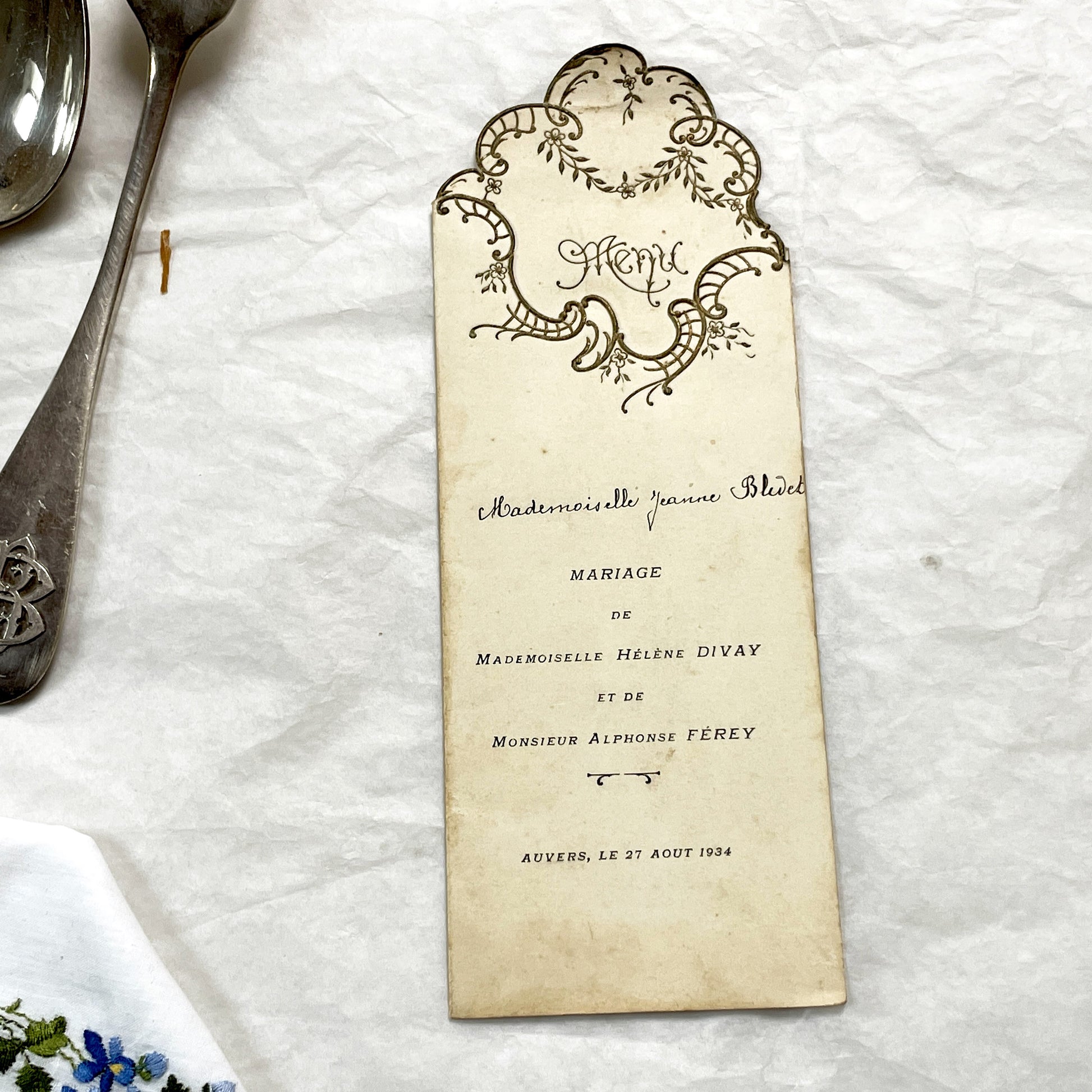 1930s - Vintage French Wedding Menu - Helene and Alphonse Marriage - Antique Dinner Luncheon Card - Elegant Die Cut Design