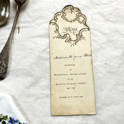 1930s - Vintage French Wedding Menu - Helene and Alphonse Marriage - Antique Dinner Luncheon Card - Elegant Die Cut Design
