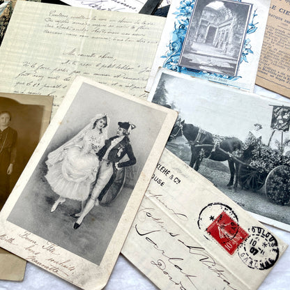 1900s Lot of 20 Vintage French Documents & Ephemera featuring letters, postcards, photos, and historical papers.