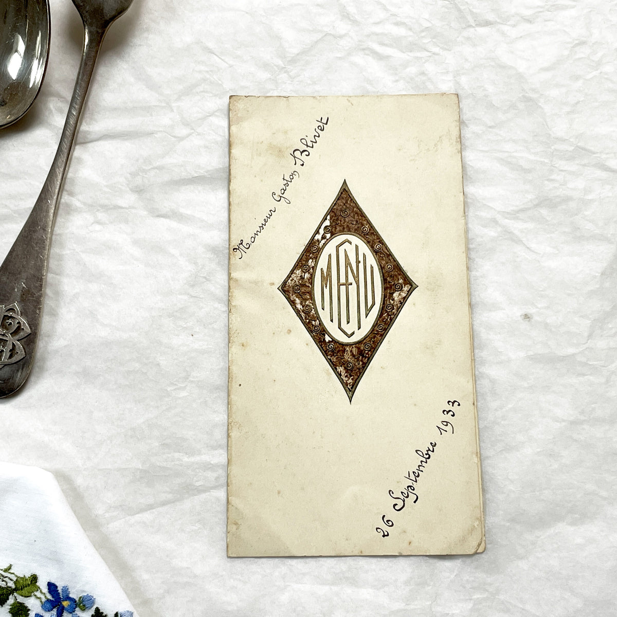 1930s - Vintage French Menu Card - Elegant Dining Ephemera - September 1933 - Historic European Cuisine Collectible