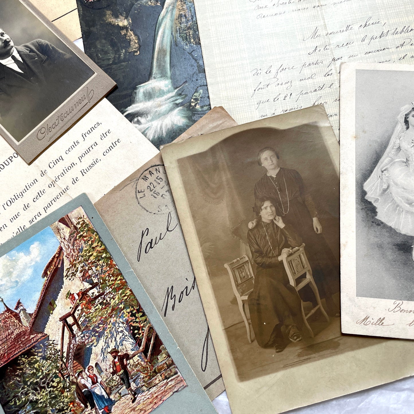 1900s Lot of 20 Vintage French Documents & Ephemera featuring letters, postcards, photos, and historical papers.