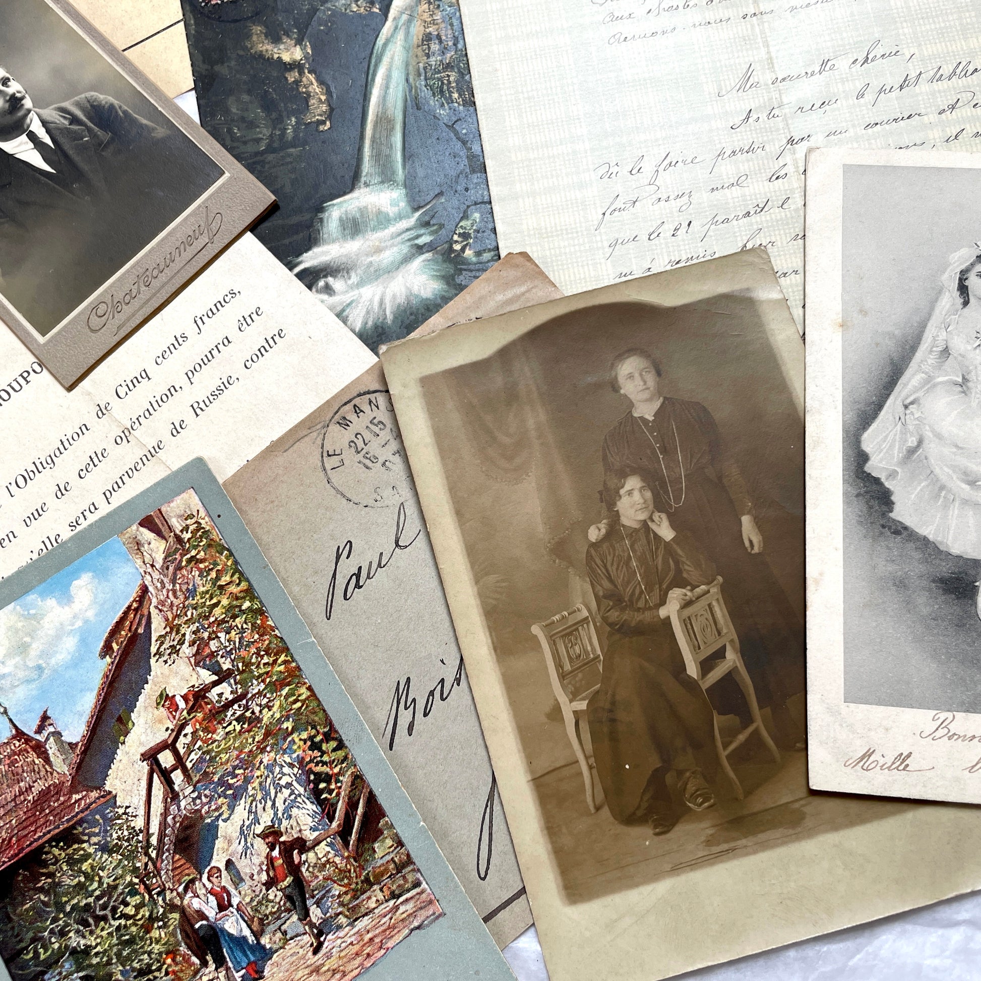 1900s Lot of 20 Vintage French Documents & Ephemera featuring letters, postcards, photos, and historical papers.