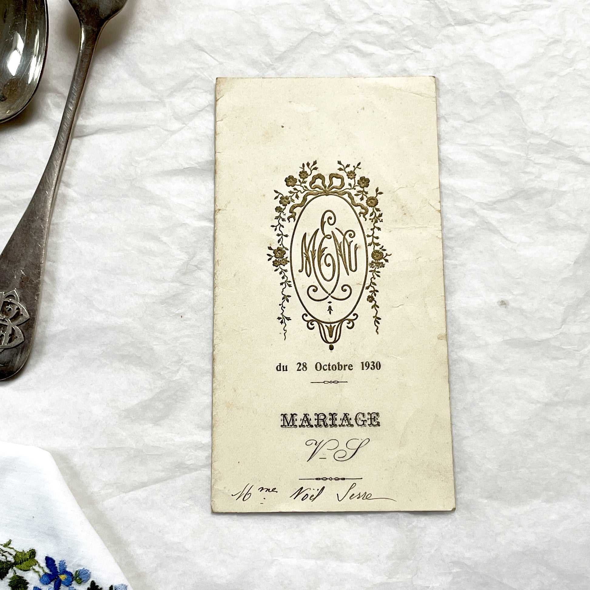 1930s - Antique French Wedding Menu - Elegant Gold Floral Monogram - Event Document - Rare Collectible Ephemera