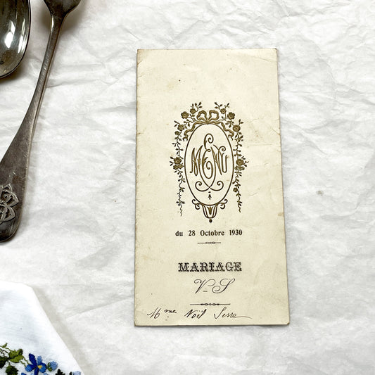 1930s - Antique French Wedding Menu - Elegant Gold Floral Monogram - Event Document - Rare Collectible Ephemera