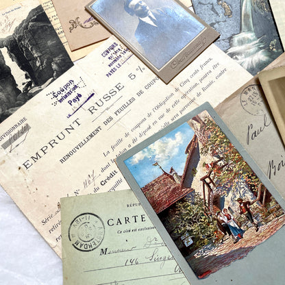 1900s Lot of 20 Vintage French Documents & Ephemera featuring letters, postcards, photos, and historical papers.