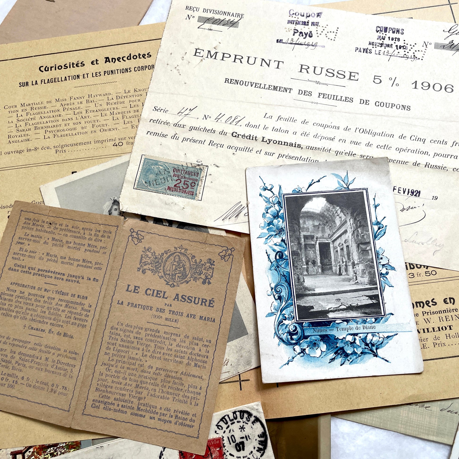 1900s Lot of 20 Vintage French Documents & Ephemera featuring letters, postcards, photos, and historical papers.