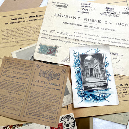 1900s Lot of 20 Vintage French Documents & Ephemera featuring letters, postcards, photos, and historical papers.
