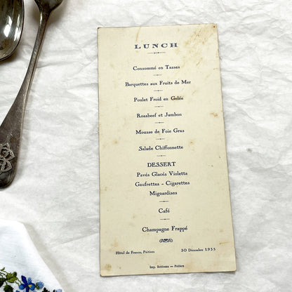 1930s - Vintage French Lunch Menu - Hôtel de France Poitiers - December 30 1935 - Historical Dining Ephemera - Signed Back