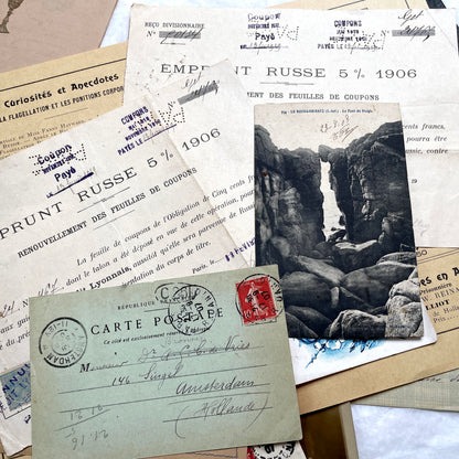 1900s Lot of 20 Vintage French Documents & Ephemera featuring letters, postcards, photos, and historical papers.