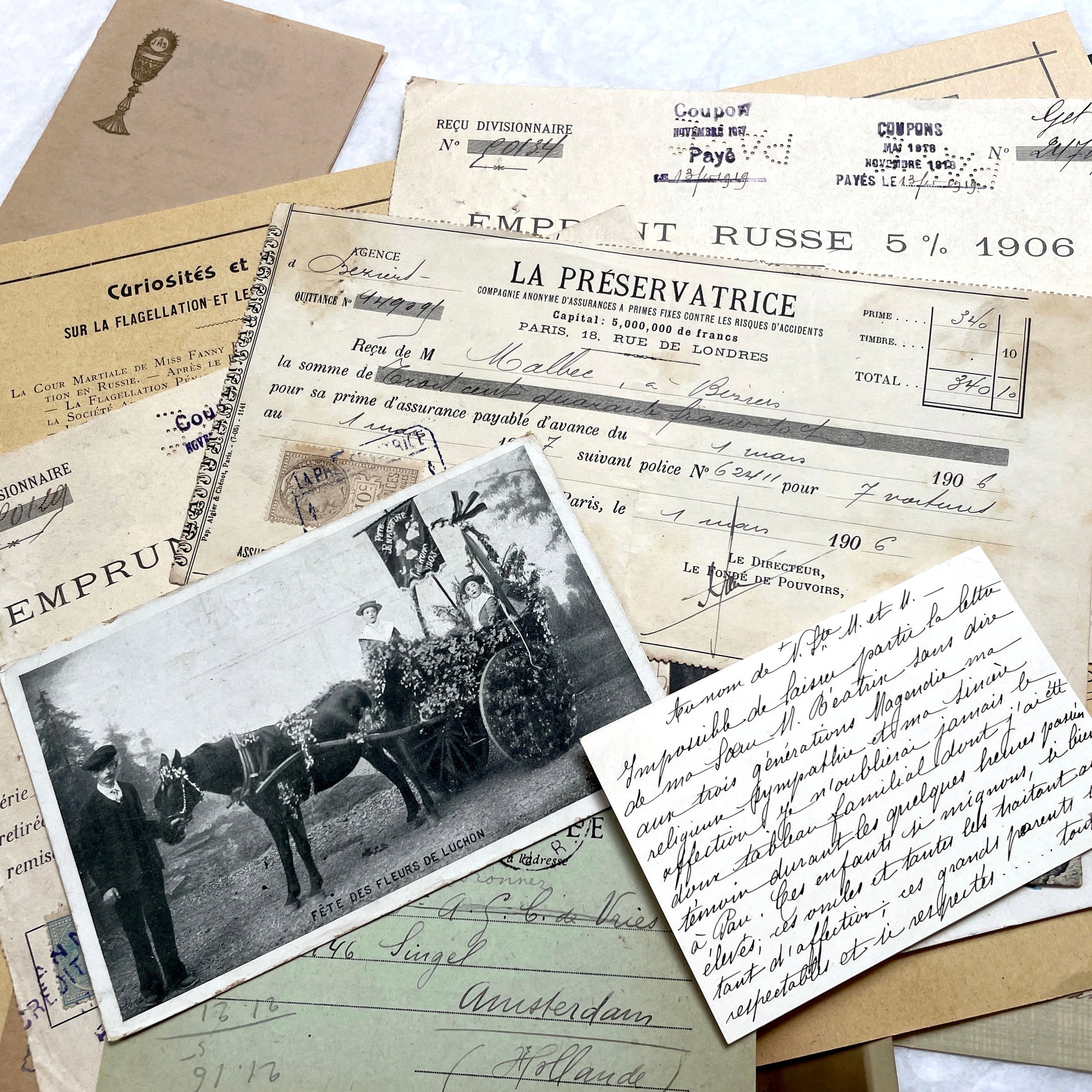 1900s Lot of 20 Vintage French Documents & Ephemera featuring letters, postcards, photos, and historical papers.
