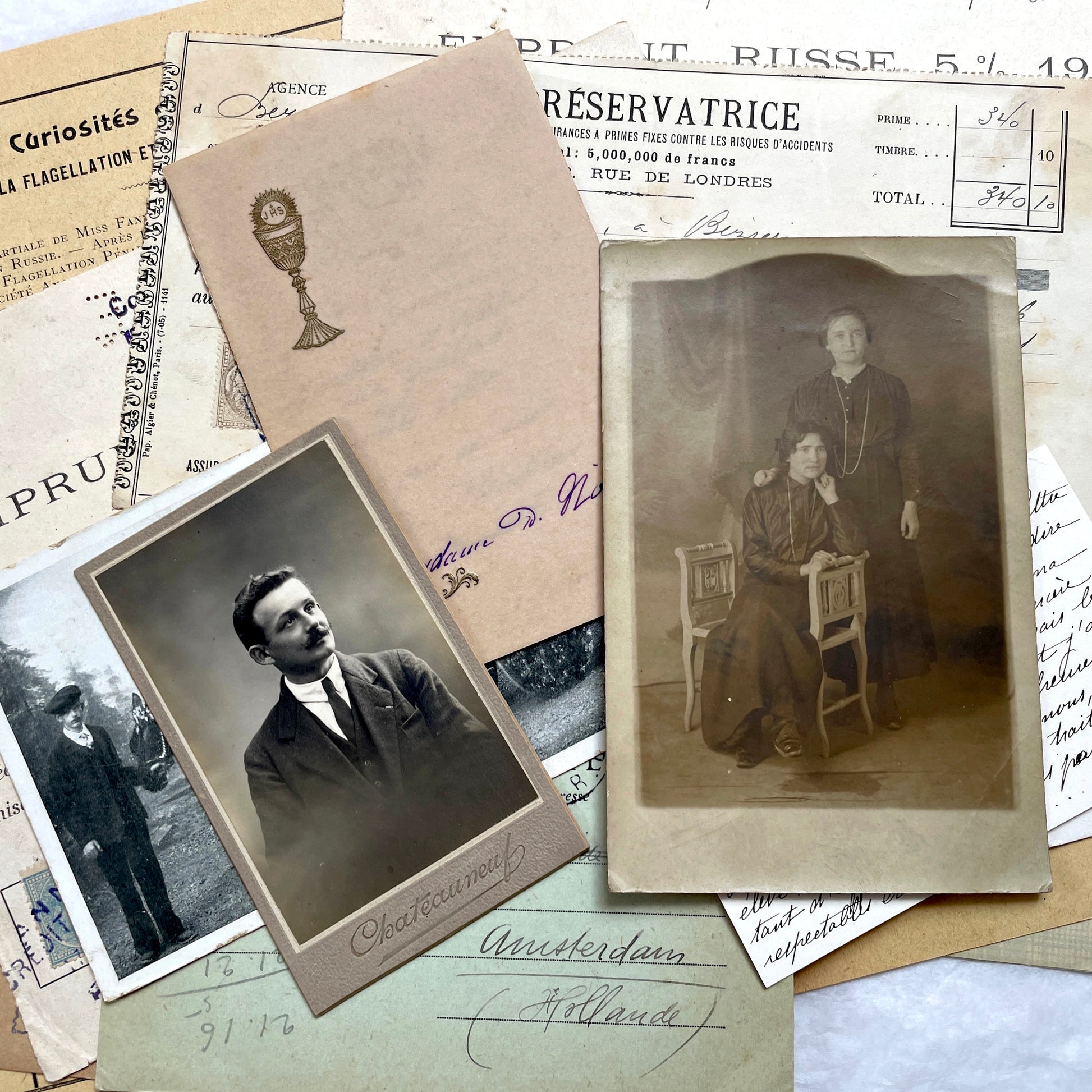 1900s Lot of 20 Vintage French Documents & Ephemera featuring letters, postcards, photos, and historical papers.