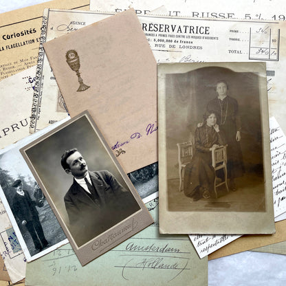1900s Lot of 20 Vintage French Documents & Ephemera featuring letters, postcards, photos, and historical papers.