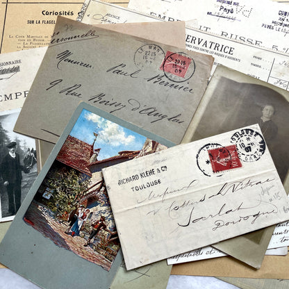 1900s Lot of 20 Vintage French Documents & Ephemera featuring letters, postcards, photos, and historical papers.